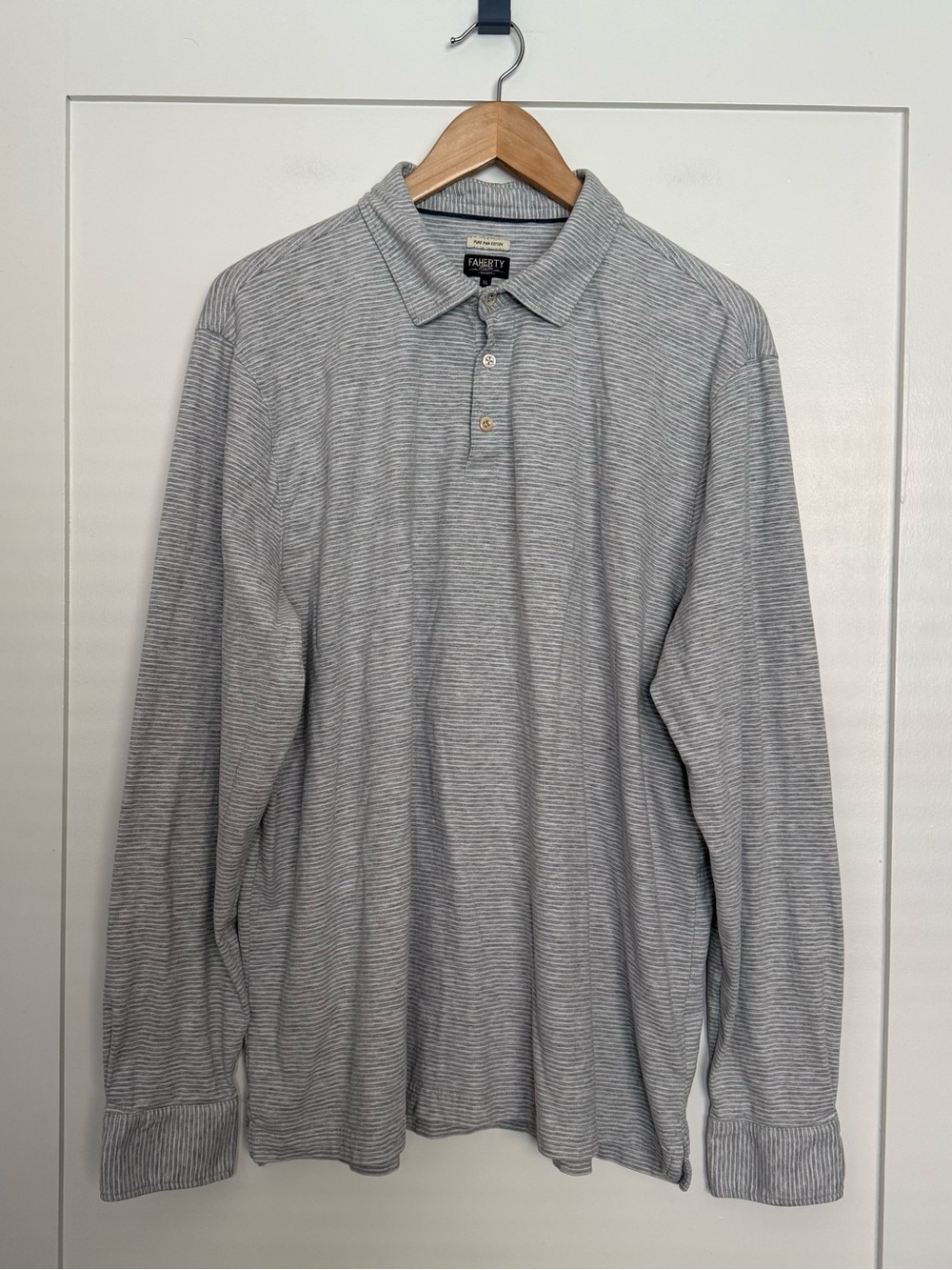 Faherty Reserve Polo Shirt Mens Sz XL Gray Striped Long Sleeve Pure Pima Cotton